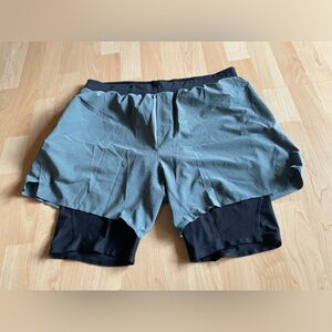 Men’s Lululemon Long Lined Workout Shorts Olive Green 17” waist L-XL (as is)